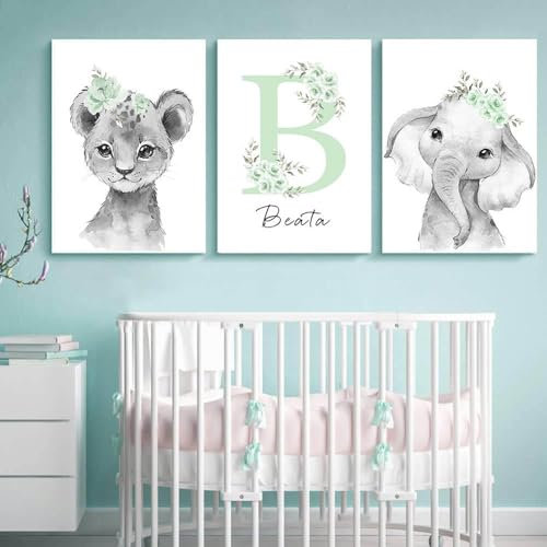 Youihom 3 Affiche Prénom Bébé Animaux Safari Lion Girafe Elephant Poster Animaux Foret Tableau Savane Enfant Garçons Fille Vert Menthe Decoration Murale Cadeau 30x40 sans Cadre