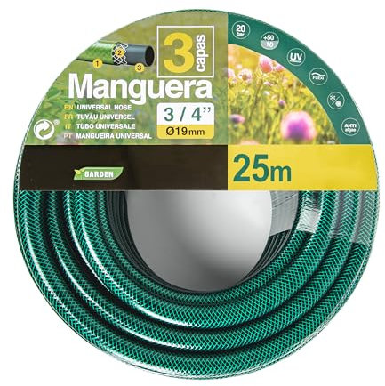 Manguera de Agua de Jardín 3/4 Pulgadas(19mm) 25m - Manguera para Riego Reforzada 3 Capas -Presión de rotura de 20 bar
