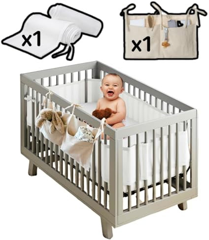Tour de Lit Bébé avec Pochette de Rangement - Contour de Lit Bébé 60x120 et 70x140 cm à Lattes 3 à 4 Côtés - Teinte Blanc et Beige - Doublure en Maille Respirante