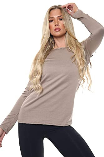VEARZ® Womens Plain Long Sleeve T-Shirts – Ladies Stretchy Casual Basic Tops Summer Slim fit Round Neck Tee Tops Plus Size Mocha, 16-18