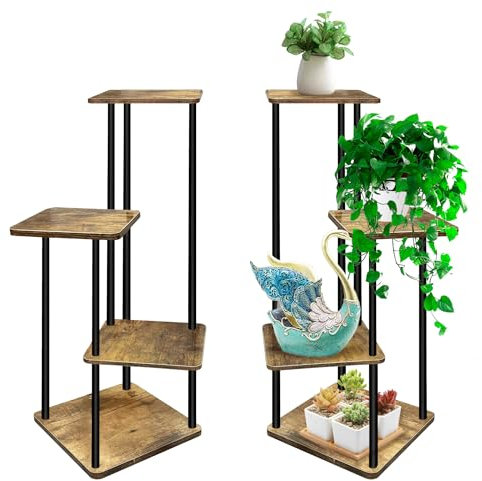 Hmfmdy 4 Tier Plant Stand Indoor outdoor, Metal Wood Flower Pot Shelf Display Rack, Corner Tall Garden Planter Holder for Multiple Plants, Tiered Plant Holder Display Rack for Balcony Garden office