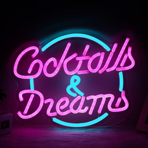 Pinlangdou Dimmable Cocktails and Dreams Neon Lights Led Bar Neon Signs Wall Decor for Bedroom Game Room Beer Hotel Club Office Home Party Gift for Boys Girls