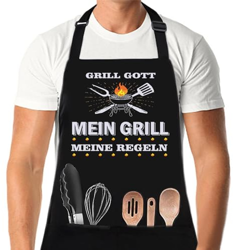 XCSJKJ Grillschürze für Männer Kochschürze Herren Schürze lustig, Grill schürze für Männer küchenschürze Herren personalisiert Grill Schürze mit 2 Taschen Grill Schürze (05-MEIN GRILL GOTT)