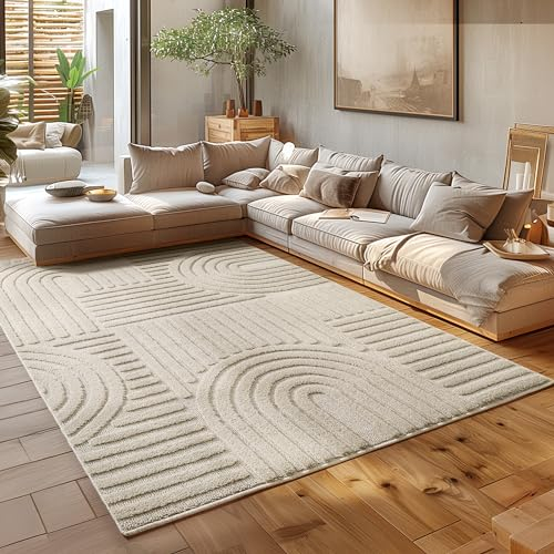 HomebyHome Kurzflor Teppich 300x400 (280x370 cm) Beige - Hoch-Tief 3D Effekt, Waschbar, Flauschig und Extra Weich - Skandinavisch Boho Muster für Wohnzimmer, Schlafzimmer und Esszimmer