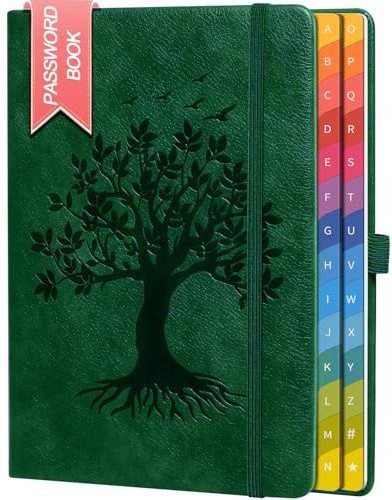 ZXHQ Passwortbuch mit bunten alphabetischen Tabs, 21,3 cm x 14,7 cm Hardcover-Passwort-Organizer für die Verwaltung von Internet-Webseiten-Adressen und Logins - Dunkelgrün