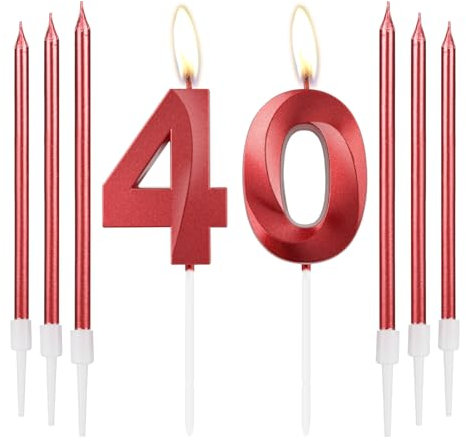 mciskin Red 40 Birthday Candles-3D Design Number 40 Candle for Cake with 6pcs Long/Thin Candles Set, Red Cake Topper for Women 40th Birthday Decorations Supplies,40th Wedding Anniversary Decorations