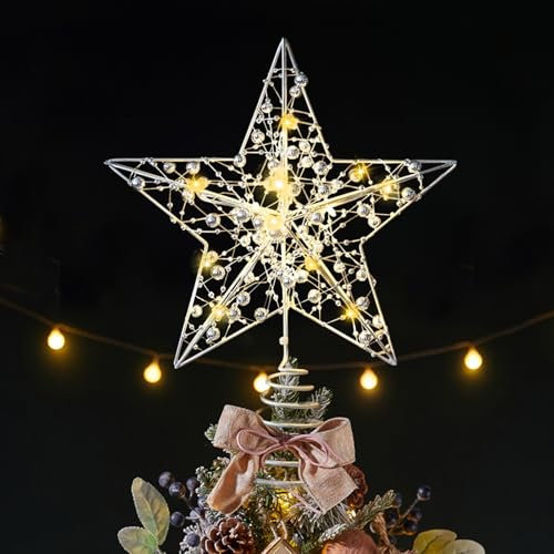 Christmas Tree Topper, 10 Inch Glittered Tree Star Xmas Tree Topper Xmas Metal Wire Tree Top Ornament with 15 LED Lights for Christmas New Year Holiday Decorations (Silver)