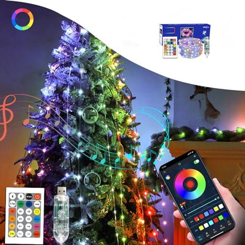 Christmas LED USB String Lights - 10 Meters, Music Sync, Bluetooth Remote Control, Timer, 16 RGB Colors for Tree and Room Decorations