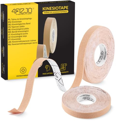 4FIZJO Kinesiotape für das Gesicht 1 cm x 5 m, Gesichtstape, Kinesiologie-Tape für den Hals, Physio-Tape und Sporttape, hautfreundlich, wasserdicht, Lifting-Band, Beige