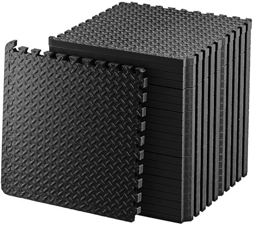 Exercise Foam Mat - Anti fatigue Protective Interlocking Puzzle EVA Floor Tiles with Edges - Gym Flooring Mats - Non slip Rubber Cushion for Underlay (Black, 4 Tiles (16 Square Feet))