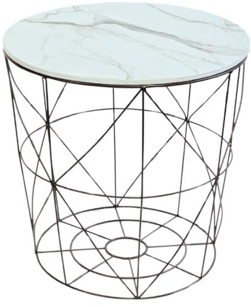 Trendi Round Side Table with Removable Marble Effect Tray | Wire Metal Storage Basket | Modern Bedside Table for Bedroom, Living Room, Balcony, or Hallway | Corner, Tea, Sofa, and End Table (White)