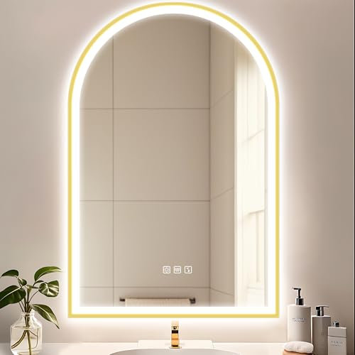 STARLEAD 900x600 mm Arch-Bathroom-Mirror-with-LED-Lights and Bluetooth, LED-Bathroom-Mirror with 3 Colours Dimmable, Defogging, IP44, HD Tempered Glass, Gold Paint, Not Metal Frame