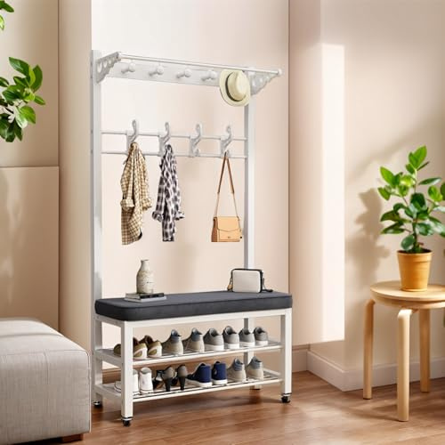 Emdmaltrix Multifunktionsgarderobe Kleiderständer mit Sitzbank und Schuhschrank, 2-stufiges Schuhregal, Metallrahmen, 9 Haken, Weiß, 100cm x 33cm x 172cm