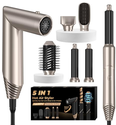 UKLISS 5 in 1 Airstyler mit 60,000 U/min Föhn Multifunktional Heißluft Lockenwickler Rundbürstenföhn Warmluftbürste Airbürste Lockenföhn Lockenbürste Föhnbürste Haarföhn Hairstyler Haarstyler, Gold