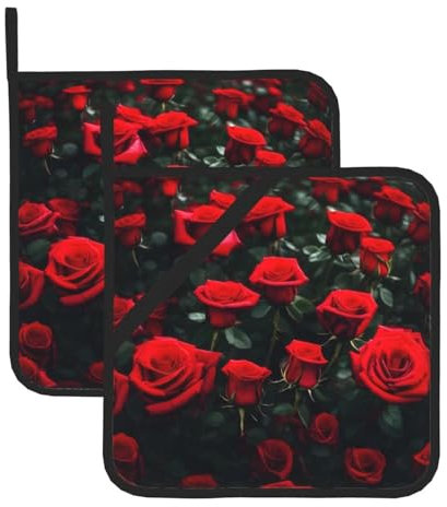 Juego de alfombrillas aisladas con estampado de rosas rojas, soportes para ollas para cocina, apto para microondas, horno y parrilla al aire libre