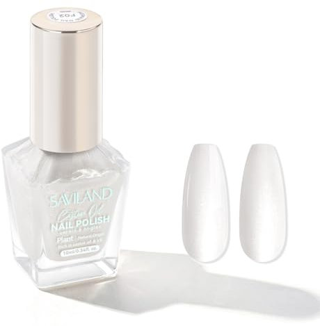 SAVILAND Pearl White Nail Polish: Quick Dry Nail Polish 10 ml Non-Toxic Pearl Nail Varnish Fingernail Polish with Castor Oil Shimmer Glitter White Nail Art Polish for DIY Manicure Pedicure Home Use