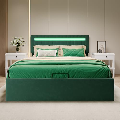 BLSYHDH Bett mit Bettkasten, 160 x 200 cm, mit LED, gepolstert, hydraulisch, mit Bettkasten, Doppelbett, mit Stauraum mit Kopfteil und Lattenrost (Grün, 160 x 200 cm)