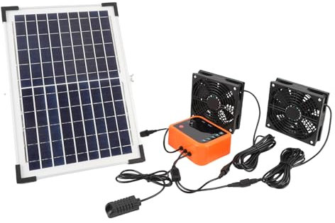 Oreilet Fan di Ventola a Energia Solare 10W, Kit Ventole Pannello Solare 2 con Batteria e Controller 4400 mAh, Ventilatori a Doppia Ventilazione Scarico Solare per Shed Pollay Coop Serra