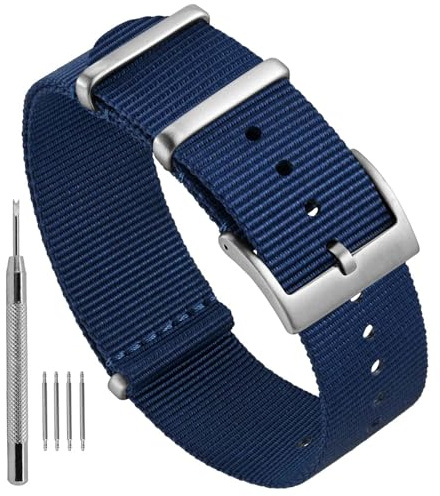 Ayadoo 22mm Einteiliges Nylon-Uhrenarmband für Damen und Herren, Ersatzriemen im Militärstil, Blau mit Silberner Schnalle