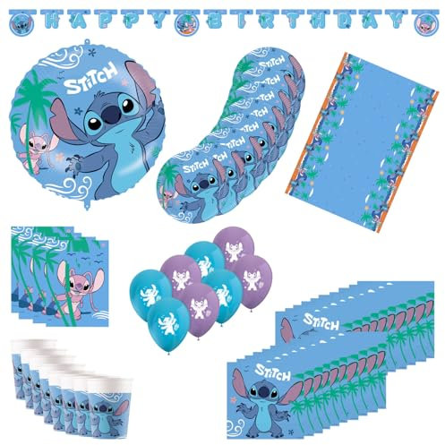 Procos - Juego de 55 piezas de decoración de cumpleaños, incluye 8 platos de papel, 8 vasos de papel, 20 servilletas, mantel, guirnalda, 8 globos, 8 bolsas de fiesta, decoración de mesa para