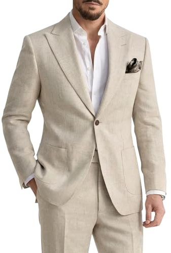 Linen Suit for Men Slim Fit 2 Pieces Suit Casual Summer Beach Wedding Suits Set Beige L