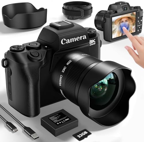 8K Digital Camera for Photography,64MP WiFi Dual-Lens Vlogging Camera for YouTube with 16X Digital Zoom,Flash,Touch Screen,32GB TF Card,Lens Hood,HDMI Output & 3000mAH Battery(Black)