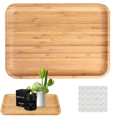 Bamboo Vanity Tray, 30x20x2cm Bamboo Serving Tray with Anti-Slip Stickers | Reusable and Durable Wooden Serving Trays, Small Bamboos Tea Serving for Serving, Breakfast, Drinks