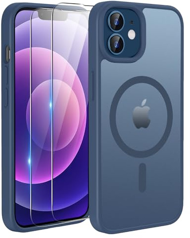 TQIAHF Cover Custodia Magnetica per iPhone 12 / iPhone 12 PRO, Blu | 2 Pellicola Vetro Temperato Protezione Schermo Compatibile con Magsafe Militare Antiurto Sottile Opaca Telefono Case