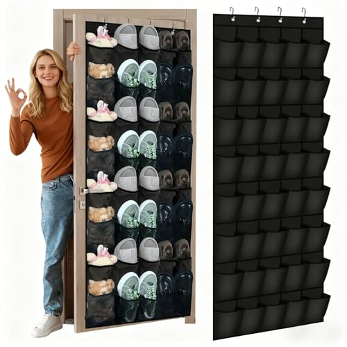 HZXYchen Large 40-Pocket Over The Door Shoe Organizer | Hanging Mesh Storage for Shoes, Accessories | Space Saving Door Rack for Wardrobe, Hallway, Dorm (Fits Most UK Doors)(Black)