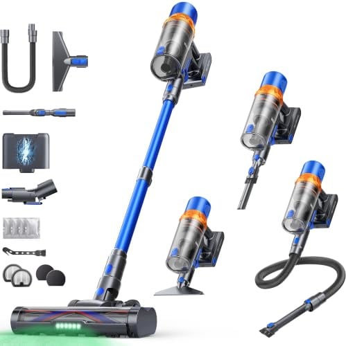 Cordless Vacuum Cleaner, 600W 50KPa 65Mins Stick Vacuum with 90° Curved Adapter, 1m Hose, Aromatherapy, Wall-Mounted Charging, Touch Screen Auto Mode, Powerful Vacuum for Pet Hair/Carpets/Hardwood