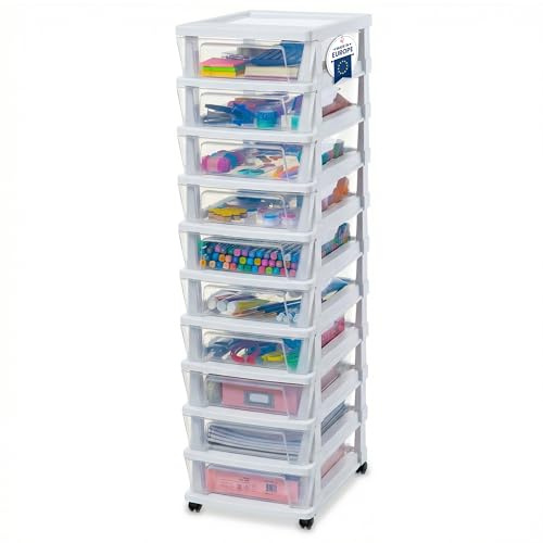 Iris Ohyama, Rollcontainer Kunststoff auf Rollen, 10 Kompakte Schubladen, Weiß, Leichtes Öffnen, Aufbewahrung, für Badezimmerschrank, Zimmer, Organizer, BPA-frei, KMC-010 | Schreibtischständer und Organizer auf Rollen. Eine perfekte Aufbewahrungseinheit als Arbeitsplatz