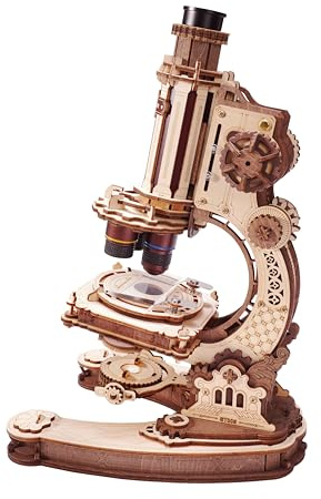 ROKR 3D-Holzpuzzle, mechanisches Modellbauset, echtes funktionierendes Mikroskop mit 400-facher Vergrößerung & LED-Licht, Vintage, wissenschaftliche Schreibtischdekoration, STEM-Geschenk für Frauen