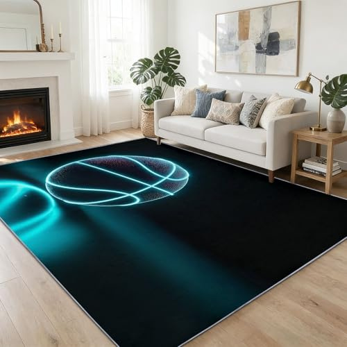 Teppich 140 x 200 cm Sport Neon Basketball Waschbarer Wohnzimmer Teppich, Blauschwarz Weiche Kurzflor Läufer rutschfest Läufer Flauschiger für Kinderzimmer Spielzimmer Flur Esszimmer Küche