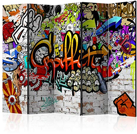 decomonkey Paravent Raumteiler Innen Graffiti 225x172 cm 5 Teilig Beidseitig Room Divider Wall Raumteiler Stehend Trennwand Sichtschutz Spanische Wand Sichtschutzwand Wohnzimmer Holz Ziegel Bunt