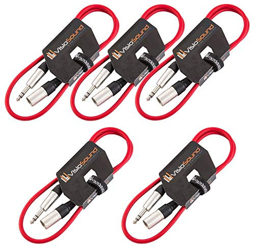 VisioSound 5 x Male XLR to 6.35mm Stereo TRS Jack Lead/Balanced Signal/Audio Patch Cable (Red, 1m, Pack of 5)