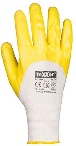 texxor 144 Stück Polyester-Strickhandschuhe 2358, Nitril beschichtet, weiß-gelb, 9/L, Karton, Nitrilhandschuhe, Strickhandschuhe, Arbeitshandschuhe