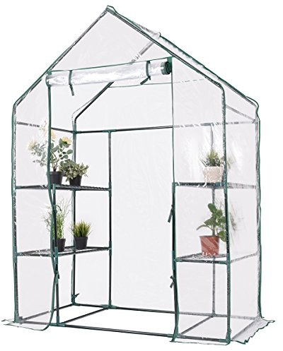 DREAMADE begehbares Gewächshaus mit 3-Etagen 12-Ablagen, Foliengewächshaus Treibhaus Outdoor,Tomatenhaus Pflanzhaus Garten-Gewächshaus mit Tür (143x73x195cm, Transparent)