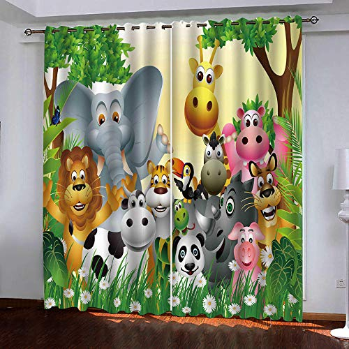 Vorhang Kinderzimmer Tiere Elefanten Löwen Kinder Vorhänge mit Ösen Polyester Gardinen Thermovorhang Blickdicht Ösenschal Kindergardinen für Wohnzimmer Schlafzimmer,2er Set,91.5x214cm (B x H),Farbe