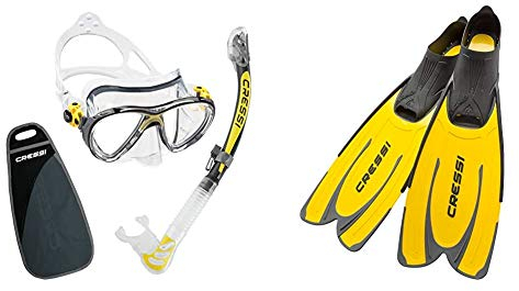 Cressi Big Eyes Evo Alpha Ultra Dry Schnorchelset Schnorcheln Set mit Schnorchel und Taucherbrille wasserdichte Tauchmaske & Agua - Unisex Premium Flossen Self Adjusting zum Tauchen, Gelb, 43/44