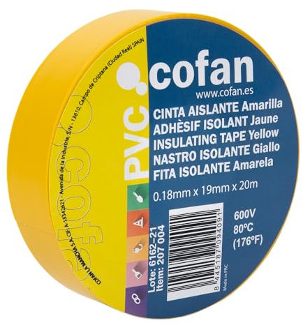 Cofan Cinta Aislante 180 Micras | Color amarillo | Resistente al voltaje, al calor y a diferentes ácidos y alcalinos