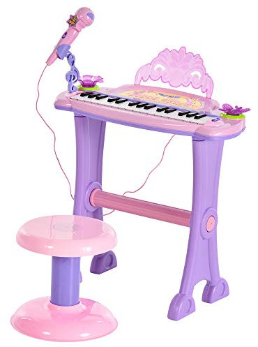 HOMCOM Set Pianola per Bambini a 32 tasti con Sgabello e Microfono, 4 Suoni di Strumenti e Registrazione, MP3 e Karaoke, Rosa