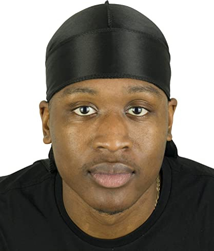 Roman-T Premium Silky Satin Durag - Headwrap - Long, Wide Tails (Black)
