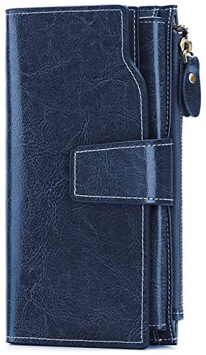 SENDEFN Damen-Geldbörse, großes Fassungsvermögen, echtes Leder, mit mehreren Kartenfächern, blau, Modern
