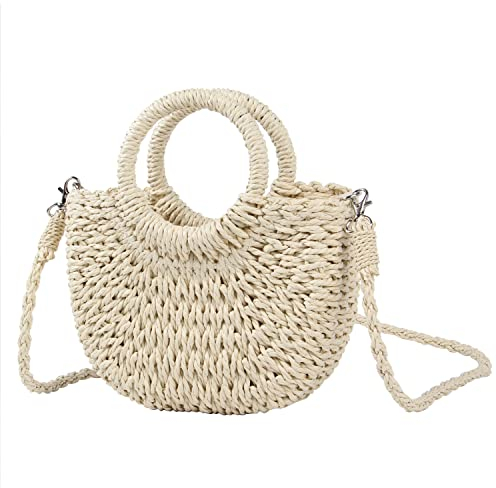 Naudamp Damen Stroh Strandtasche Handtasche Hobo Runder Griff Sommer Handgewebte Taschen Kleine Geldbörse mit Riemen
