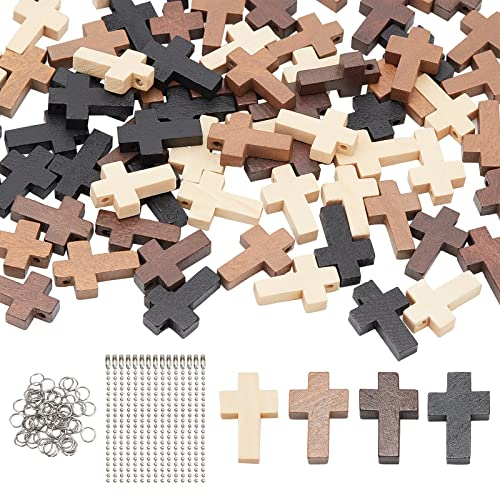 nbeads 80 Stück Holzkreuz-Anhänger Set, 4 Farben Holz Kreuz Charms mit Edelstahlringen und Kugelketten für Osterfeier Basteln Armband Halskette Schmuck Herstellung, Loch: 1.8 mm