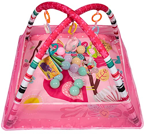 Baby Spieldecke, Spielbogen Baby, Krabbeldecke Baby Rutschfest, Baby Gyms, Babygehege mit Spielzeug und Ozeanbällen, Erlebnisdecke Gym. (Quadratisch/Rosa)