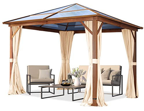 TOOLPORT Gartenpavillon 3x3 m Holzoptik, ca 8 mm Polycarbonat-Dach, 4 Seitenteile in Champagner
