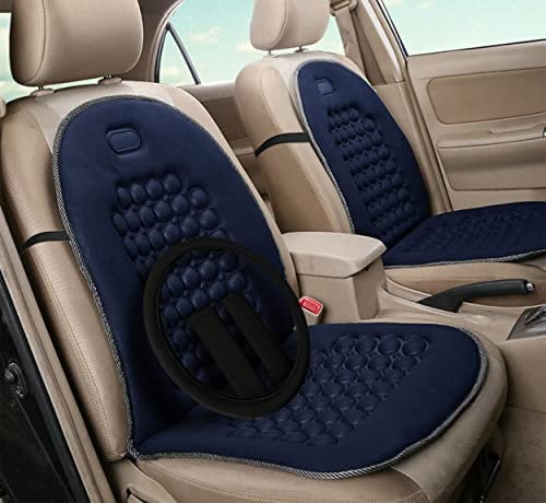 Auto Accessori Lupex - Coppia di schienali universali anteriori con coprivolante e 2 copri cintura, colore blu tessuto poliestere, per sedili auto, furgone, con 92 sfere massaggianti
