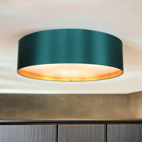 Licht-Erlebnisse Runde Deckenleuchte VALASCO Grün Gold Stoffschirm Ø60cm 3-flammig E27 dekorative Deckenlampe Wohnzimmer Esszimmer
