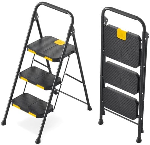 KINGRACK 3 Step Ladder, Step Ladder 3 Step Folding with Anti-Slip Wide Pedal and Handrails, Lightwight Household Ladder for Your Kitchen, Pantry, Closets, Office Use